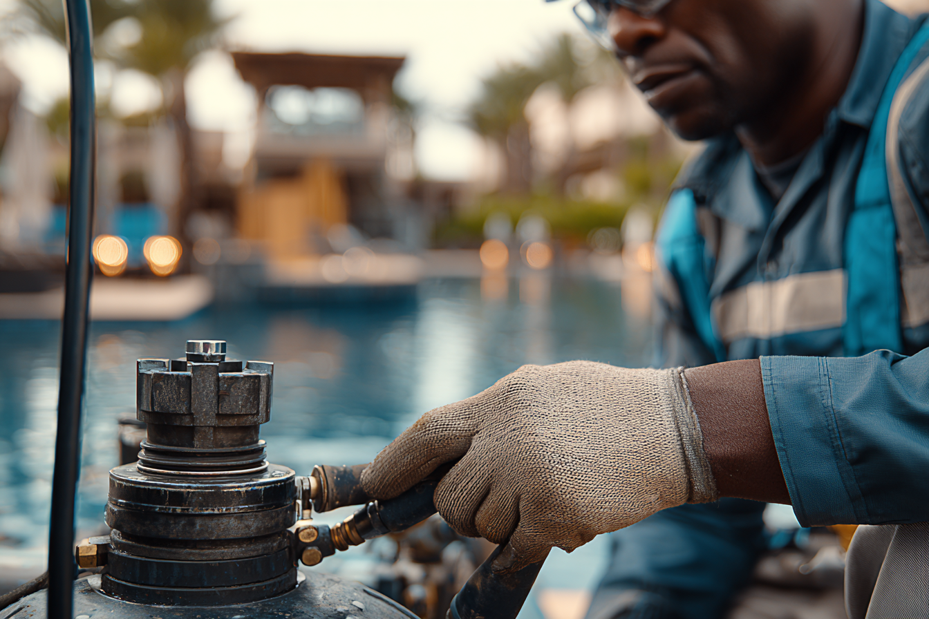 Professional worker in safety gear carefully operating specialized liquid waste pump equipment at a luxury resort